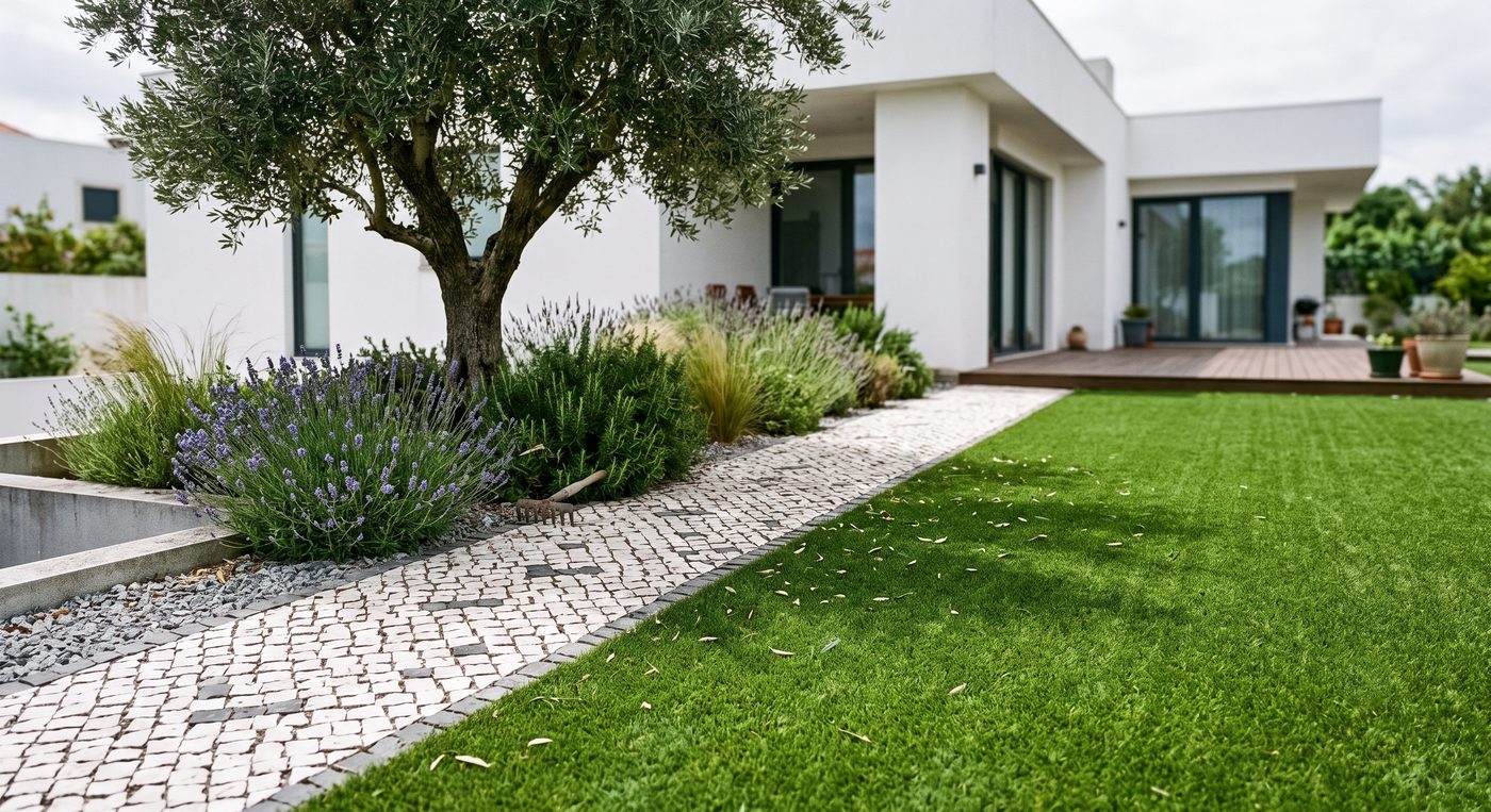 Jardim com relva sintética realista, calçada portuguesa, oliveira a dar sombra e canteiro mediterrânico