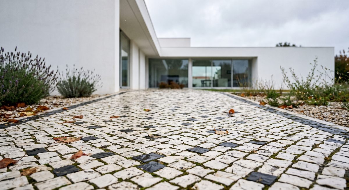 Calçada portuguesa em primeiro plano, com lavanda ao lado, sem relva